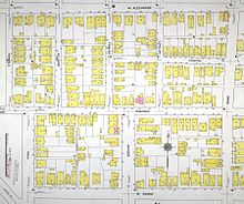 1911 Sanborn Fire Map of all but the westernmost section of what is today Pemberton Place, bounded by Baker, Luckie, Ivan Allen (Alexander), and Centennial Olympic Park Drive (Orme) Sanborn 1911 1 27 Pemberton Place.jpg