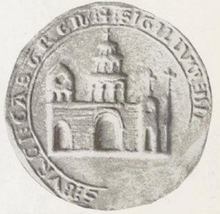 Le sceau de Castres en 1303, avec de gauche à droite : le clocher Saint-Benoît, la basilique Saint-Vincent et la tour Caudière.