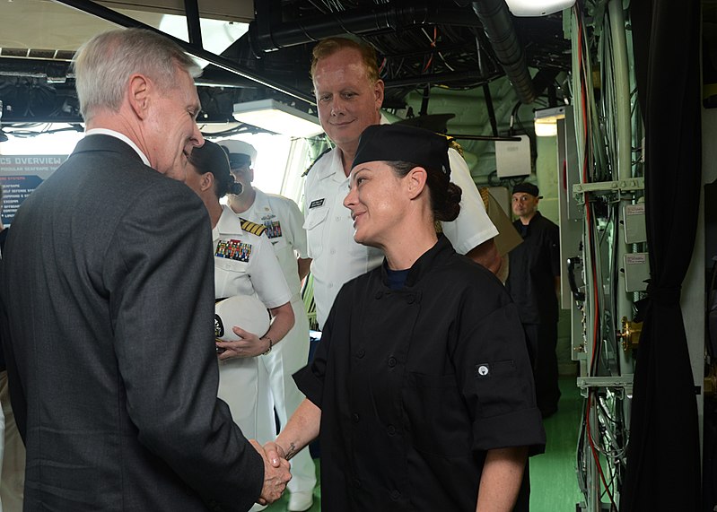 File:Secretary of the Navy Ray Mabus, left, thanks U.S. Navy Culinary Specialist 1st Class Shannon Drosdak for her service during a tour aboard the littoral combat ship USS Freedom (LCS 1) at Singapore May 11, 2013 130511-N-PD773-130.jpg