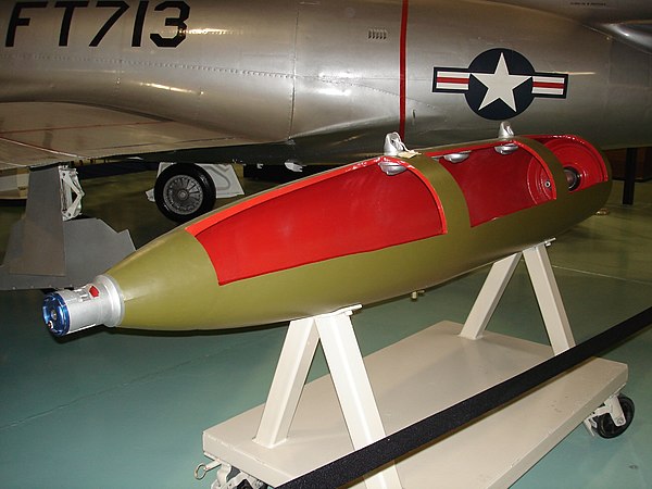 A sectioned Mk. 84 bomb body, showing the suspension lugs, which would normally be perpendicular to the body rather than inline as shown