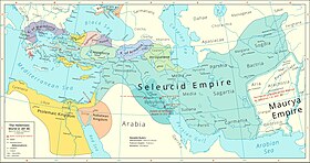 The Seleucid Empire (light blue) in 281 BC on the eve of the murder of Seleucus I Nicator