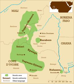 Kart som viser områdene hvor senufospråk snakkes i grønt, samt navna på noen av de tilgrensende språka.