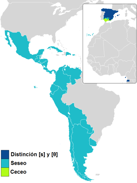 Most dialects in Spanish from Spain have [s] / [θ] contrast (distinción), while [θ] is absent in Latin America and parts of Spain (seseo).