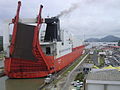 English: Picture of a ship at the Miraflores Locks of the Panama Canal