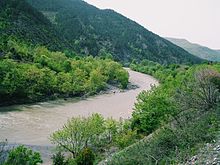 View of Shkumbin; it constituted an important route between the Adriatic Sea and Macedonia. The first part of the Via Egnatia retraced it as a land route. Shkumbin valley2.JPG