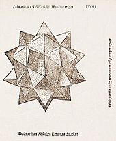 Small stellated dodecahedron, from De divina proportione by Luca Pacioli, woodcut by Leonardo da Vinci. Venice, 1509 Stellated Dodecahedron Luca Pacioli and Leonardo da Vinci 1509.jpg