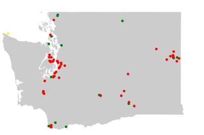 Outline of map of Washington with colored dots representing the location of Superfund sites in the state