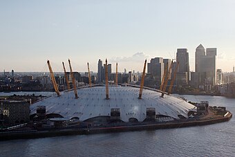 The dome, seen from the Emirates Air Line, with Canary Wharf in the background.