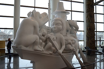 The original plaster for the Spirit of Haida Gwaii by Bill Reid, on display in the museum's Grand Hall