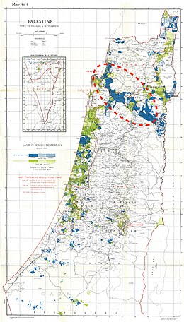 The Sursock purchase (see red dotted circle) illustrated on a map of Jewish land purchase in Palestine as at 1944; the dark blue represents land then owned by the Jewish National Fund, of which most in the circled area had been acquired under the Sursock Purchase. The Sursock Purchase shown on the Palestine Index to Villages and Settlements, showing Land in Jewish Possession as at 31.12.44.jpg