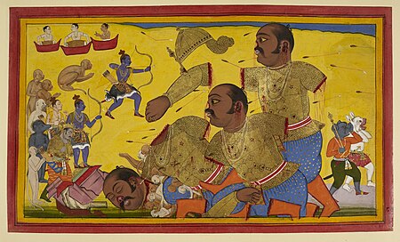 Fail:The death of Kumbhakarna - Ramayana, Yuddha Kanda (1652), f.87 - BL Add MS 15297.jpg