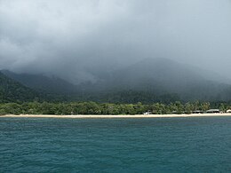 Strand van Tioman met heuvels op achtergrond