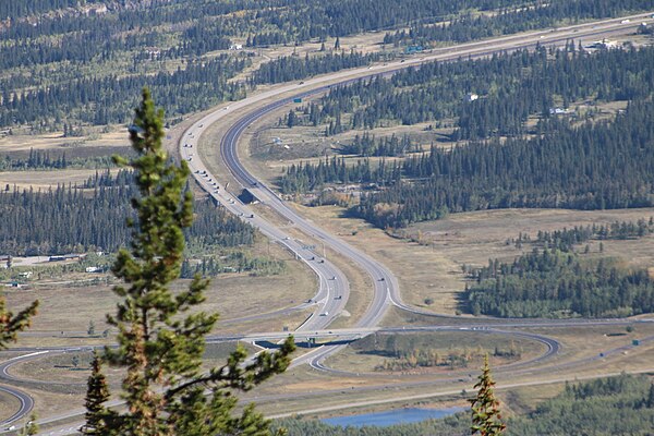 Highway 1 and 1X interchange and with crossing of the Kananaskis River visible.