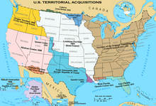 A map of the United States showing major purchases of land through history. The Louisiana Purchase is shown as a band stretching from a narrow strip along the Gulf of Mexico to a wide band in the north stretching from modern Minnesota to Montana.