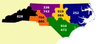 North Carolina area codes USA telephone area code map - North Carolina.svg