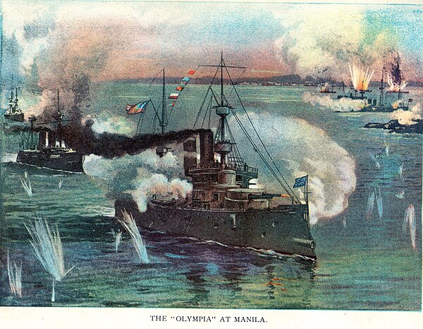 The Asiatic Squadron defeating the Spanish fleet in the Battle of Manila Bay on 1 May 1898.