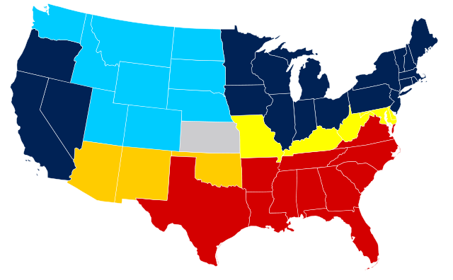 מפת מדינות האיחוד והקונפדרציה בשנת 1865