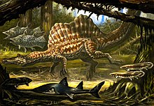 Vue d'artiste d'un Spinosaurus aegyptiacus dans un milieu aquatique.