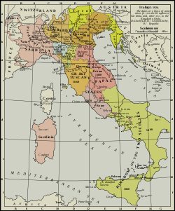 The Italian unification process was done even with the loss in 1860 of the Savoy province of the Kingdom of Sardinia. Savoy is located northwest in the map, on the upper left corner Unification of Italy 1815-1924.svg