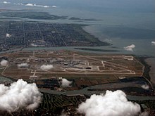 Aerial shot showing Georgia Strait near the airport