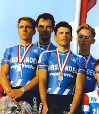 Swiss champion in the team pursuit 1996 in Zurich-Oerlikon: v.  l.  To the right: Viktor Kunz, Beat Meister, Patrick Vetsch and Alexander Aeschbach