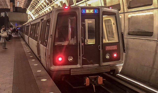 Blue Line train at Federal Triangle station in April 2019