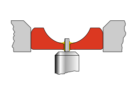 Cross-section of a jewel bearing in a mechanical watch. This type of donut-shaped bearing (red) is called a hole jewel, used for most of the ordinary wheels in the gear train. It is usually made of synthetic sapphire or ruby, press-fit into a hole in the movement's supporting plate (grey). The cup-shaped depression in the top of the jewel is the oil cup; its purpose is to hold the lubricating oil (yellow) in contact with the bearing shaft by capillary action. Watch jewel bearing.svg