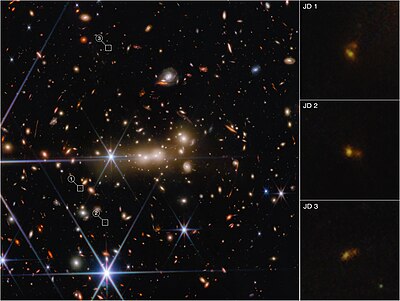 In this James Webb Space Telescope image of galaxy cluster MACS0647, the massive gravity of the cluster acts as a cosmic lens to bend and magnify light. Webb Surprises Astronomers with Never-Before-Seen Details of the Early Universe (MACS0647a).jpeg