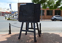 A 2014 Gillie and Marc sculpture commemorating Drysdale and this painting. It stands in front of the Tattersalls Hotel West Wyalong Drysdale Monument 001.JPG