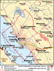 Territori italiani di Zara nella loro estensione originaria, che durò dal 1920 al 1941 e dal 1943 al 1947