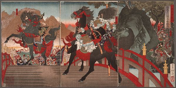 "Zhang Fei on Changban Bridge" (三国志図会内 張飛長阪橋百万勢睨返ス, an ukiyo-e print by Tsukioka Yoshitoshi)