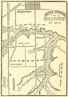 "Battleground of Westport" 1864 map showing Brush Creek "Battleground of Westport" 1864 map from book - Rebel Invasion of Missouri and Kansas, and the Campaign of the Army of the Border Against General Sterling Price, in October and November, 1864 (IA rebelinvasionofm01hint) (page 160 crop).jpg