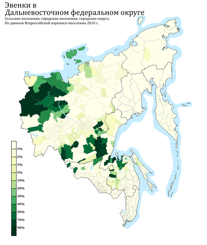 Settlement of Evenks in the Far Eastern Federal District by urban and rural settlements in%, 2010 census