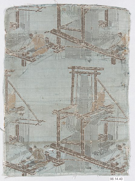 Drawloom, with drawboy above to control the harnesses, woven as a repeating pattern in an early-1800s piece of Japanese silk. The silk illustrates the