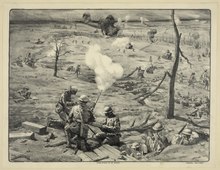 Black and white artist's portrayal of the bombed-out landscape depicting the Battle of St. Mihiel