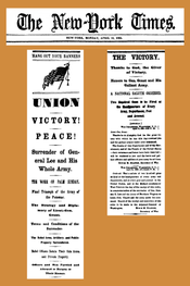 This New York Times front page celebrated Lee's surrender, headlining how Grant let Confederate officers retain their sidearms and "paroled" the Confederate officers and men.[283]