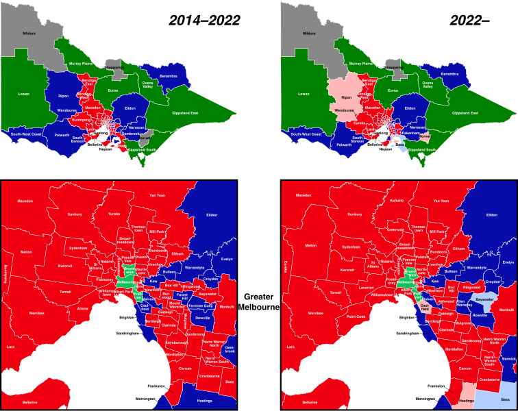 File:2014 and 2022 Victorian Legislative Assembly electoral district boundaries by 2018 notional results.svg