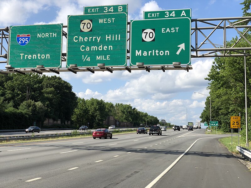 File:2020-07-09 16 50 52 View north along Interstate 295 (Camden Freeway) at Exit 34A (New Jersey State Route 70 EAST, Marlton) in Cherry Hill Township, Camden County, New Jersey.jpg