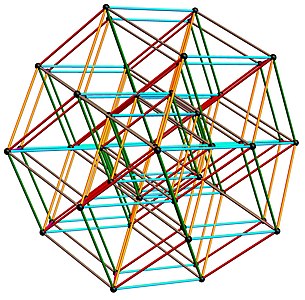 A hexeract projected into a rhombic triacontahedron envelope, this projection is related to icosahedral quasicrystals.