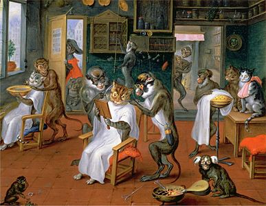 Barbier avec singes et chats (entre 1633 et 1667, musée d'Histoire de l'art de Vienne)