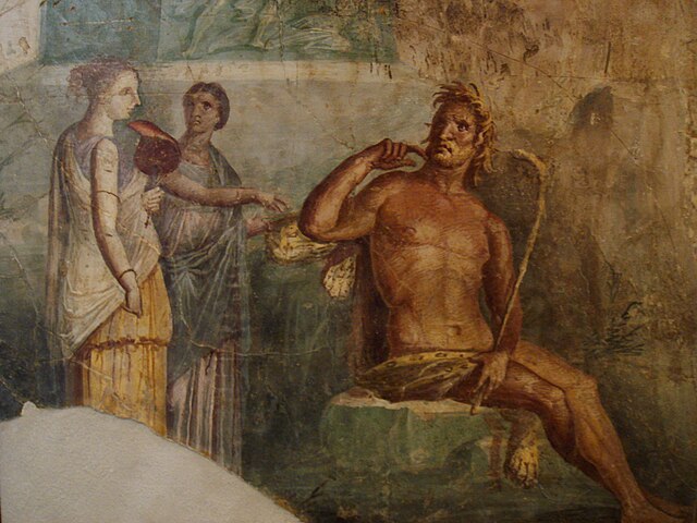 Polyphemus hears of the arrival of Galatea; ancient Roman fresco painted in the "Fourth Style" of Pompeii (45–79 AD)