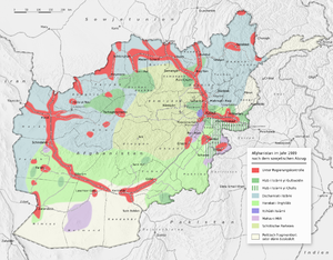 Карта Афганистана с обозначением подконтрольных различным группам территорий, после вывода из страны советских войск в 1989 году.