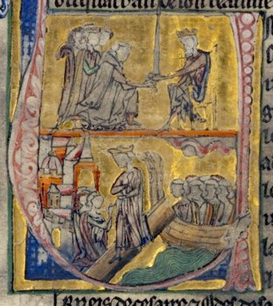 13th century European depiction of Adîd abû Muhammad and Shîrkûh (upper panel), with the arrival of Amalric at Constantinople (lower panel)