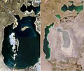 Image 13 Aral Sea comparison Photographs: NASA; edit: Zafiroblue05 A side-by-side comparison of the Aral Sea in 1989 and 2008, showing its severe shrinkage owing to poor water resource management. The Aral Sea was once the fourth-largest lake in the world. However, the rivers that fed it were diverted by Soviet-era irrigation projects. It had shrunk to 10% of its former size by 2007, and is still shrinking. The near-loss of the Aral Sea, which is now in Kazakhstan and Uzbekistan, has been considered one of the planet's most disastrous examples of poor environmental resource management.