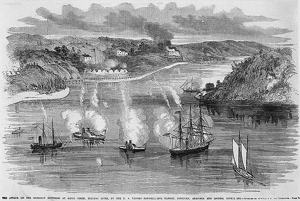 Attack on the Confederate Batteries at Aquia Creek by the Potomac Flotilla.
