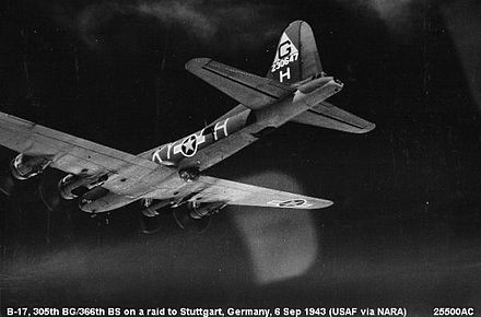 Flying Fortress, serial 42-30647 of the 366th BS on a mission to Stuttgart, 6 September 1943. On 23 September 1943, it crashed at Chelveston returning from a mission, killing all on board.