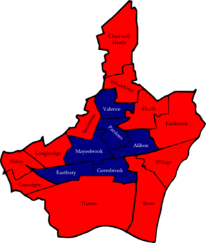 Map of the results of the 2006 Barking and Dagenham council election with ward names. Coloured by party which topped the poll in each ward. Labour in red and British National Party in dark blue. Barking and Dagenham 2006 election map.png