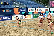 Deutsch: Beachhandball Europameisterschaften 2019 (Beach handball Euro); Tag 5: 6. Juli 2019 – Frauen, Platzierungsspiel für die Ränge 17–20, Nordmazedonien-Slowenien 0:2 (10:13, 9:15) English: Beach handball Euro; Day 5: 6 July 2019 – Placement Match/Cross Match for rank 17–20 Women – North Macedonia-Slovenia 0:2 (10:13, 9:15)