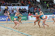 Deutsch: Beachhandball Europameisterschaften 2019 (Beach handball Euro); Tag 6: 7. Juli 2019 – Frauenfinale, Dänemark-Ungarn 2:0 (18:12, 23:22) English: Beach handball Euro; Day 6: 7 July 2019 – Women's Final – Denmark-Hungary 2:0 (18:12, 23:22)