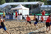 Deutsch: Beachhandball Europameisterschaften 2019 (Beach handball Euro); Tag 1: 2. Juli 2019 – Männer, Vorrunde Gruppe D, Frankreich-Montenegro 2:0 (19:7, 18:9) English: Beach handball Euro; Day 1: 2 July 2019 – Men Preliminary Round Group D – France-Montenegro 2:0 (19:7, 18:9)